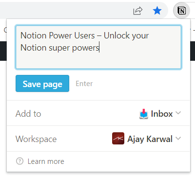 A screenshot of the Notion Web Clipper Chrome extension